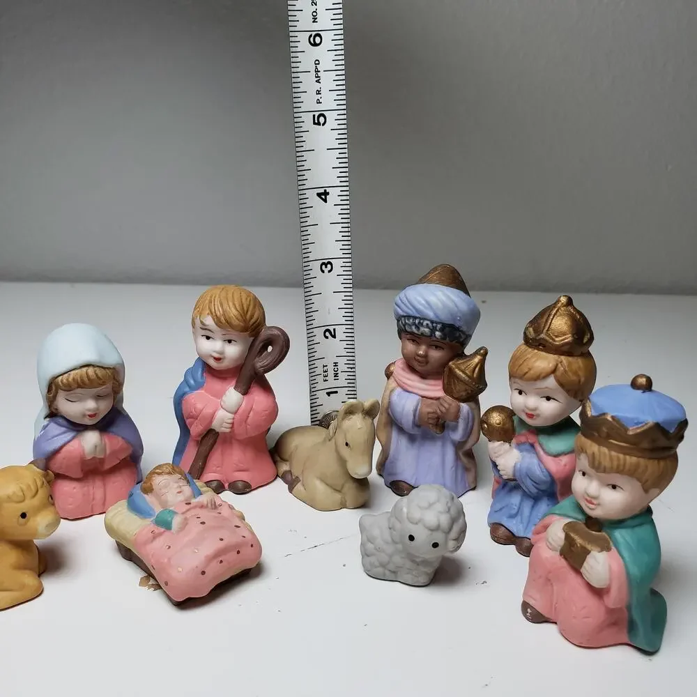 Vintage Mini 9Pc Hand Painted Holy Night Nativity Set Porcelin Ceramic Christmas